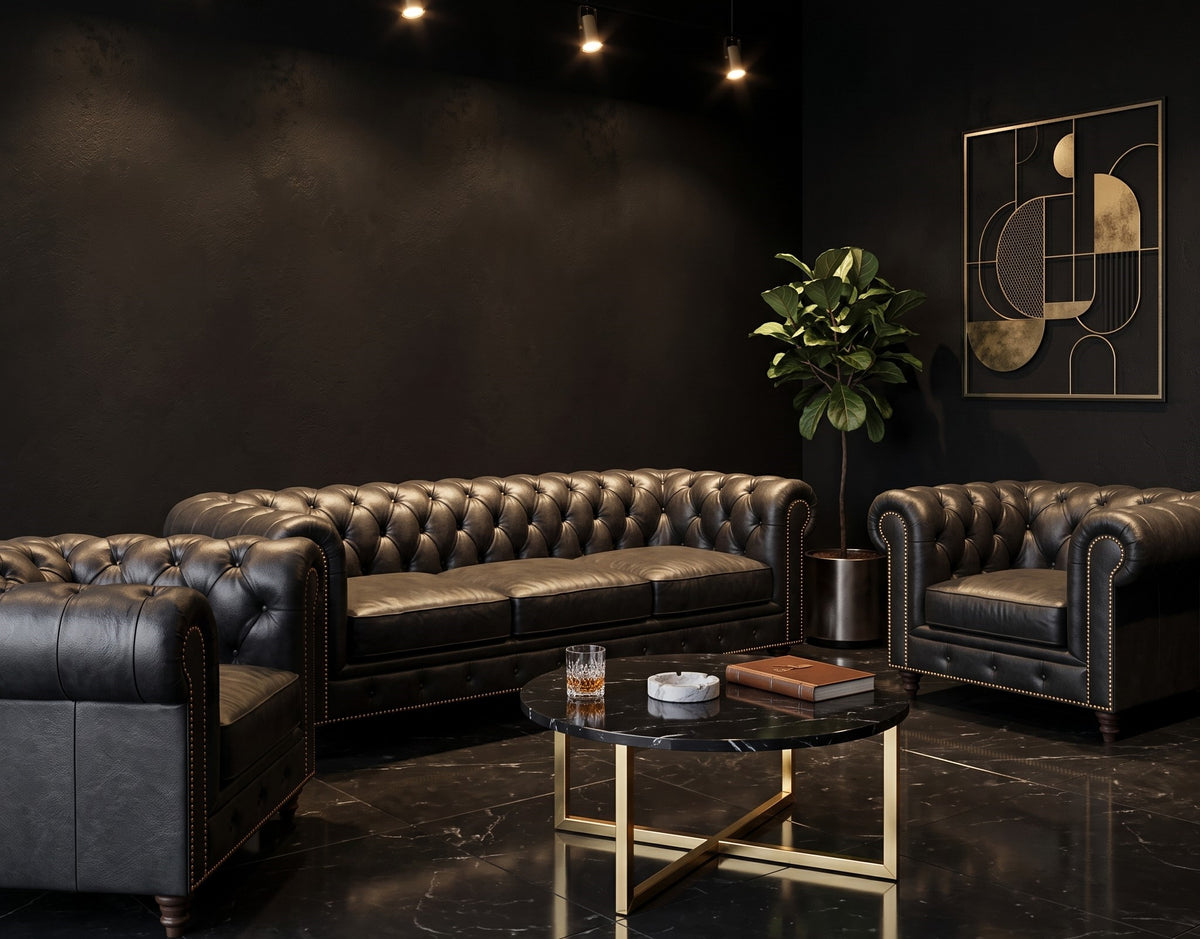 Set Chester (Piel de Café) Sofá 2.20 Mts + 2 Poltronas