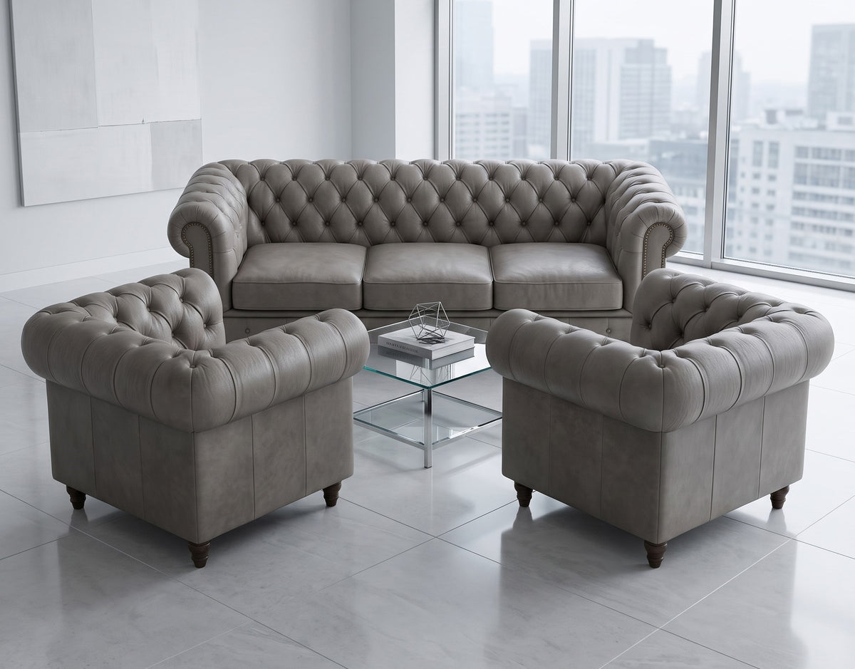 Set Chester (Piel de Café) Sofá 2.20 Mts + 2 Poltronas