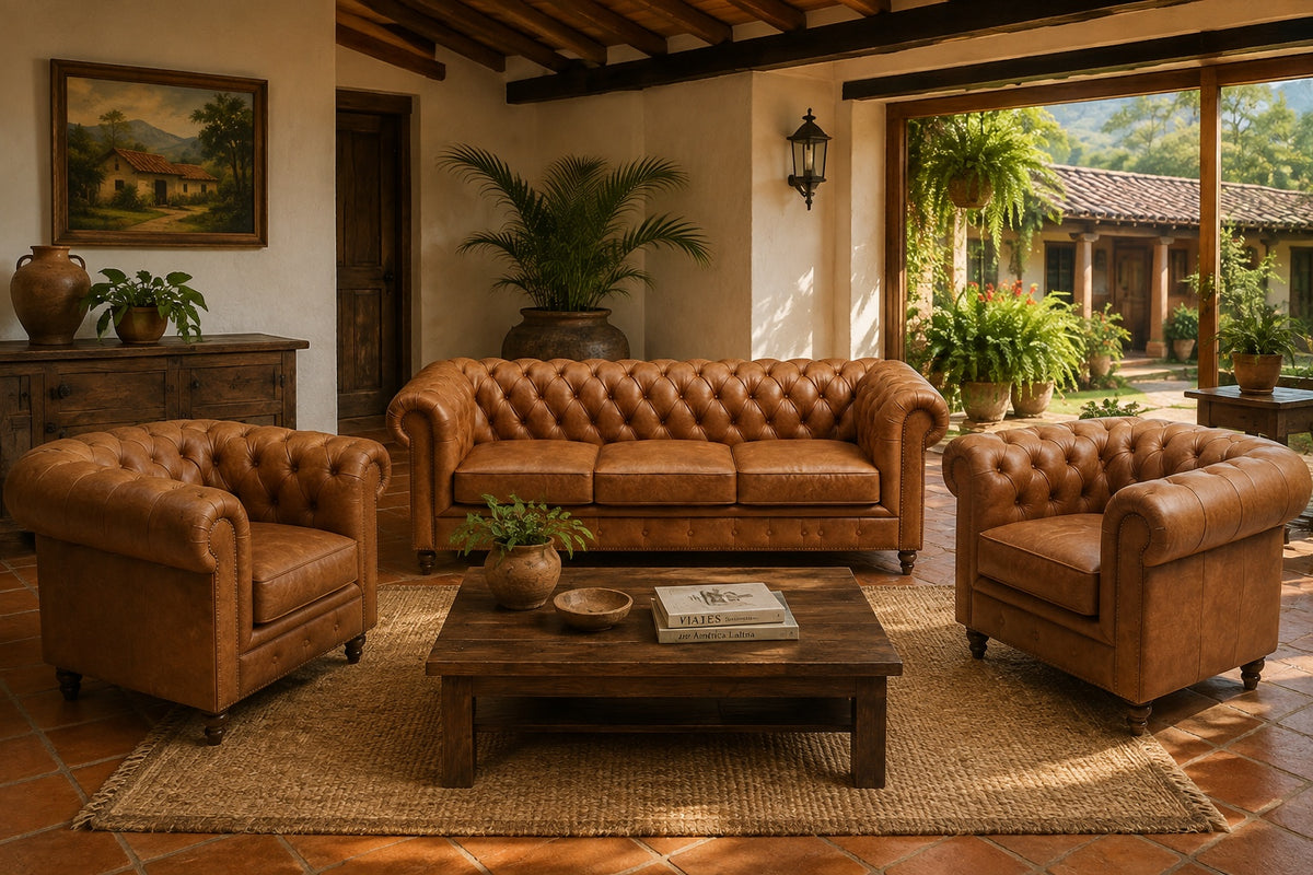 Set Chester (Piel de Café) Sofá 2.20 Mts + 2 Poltronas