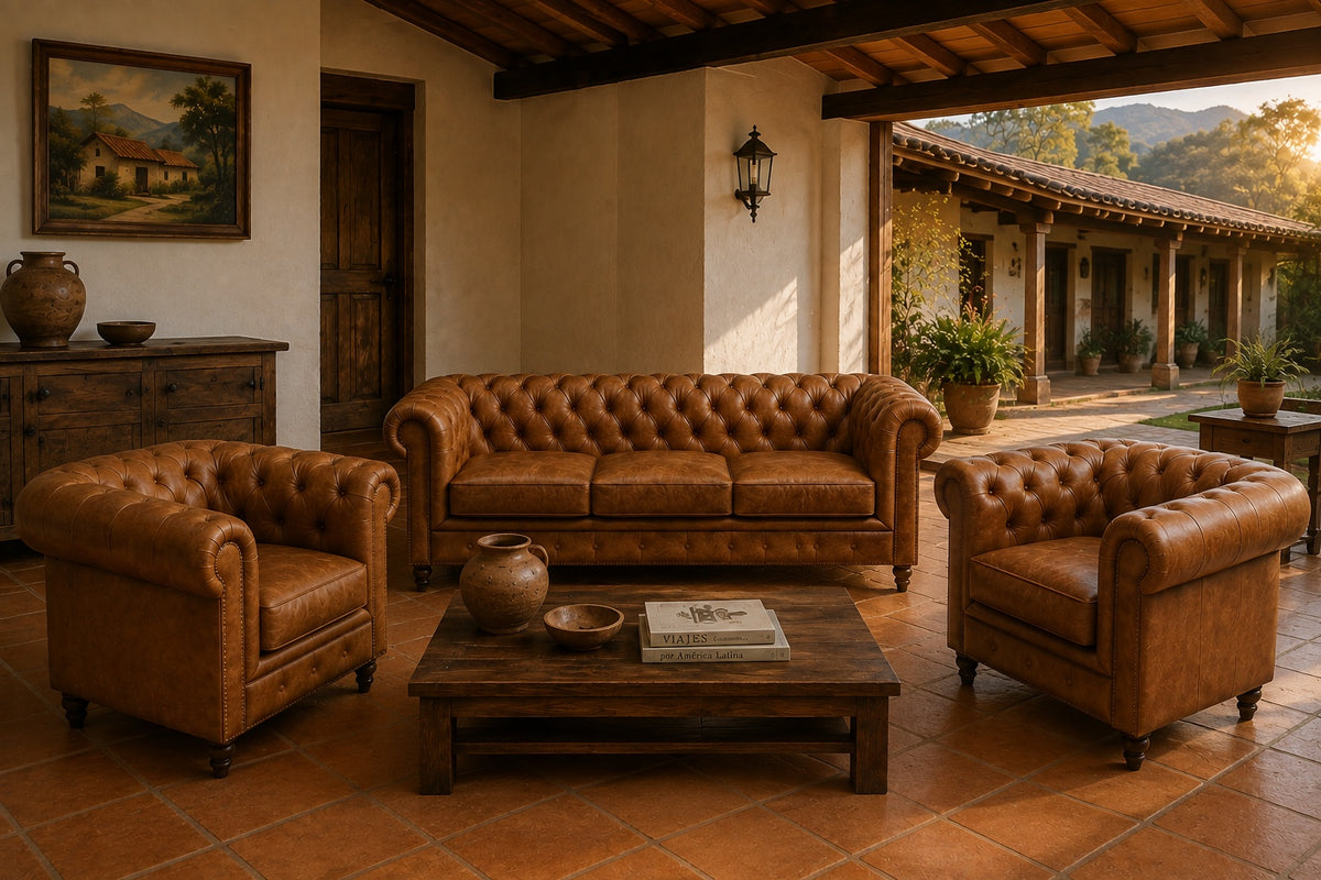 Set Chester (Piel de Café) Sofá 2.20 Mts + 2 Poltronas