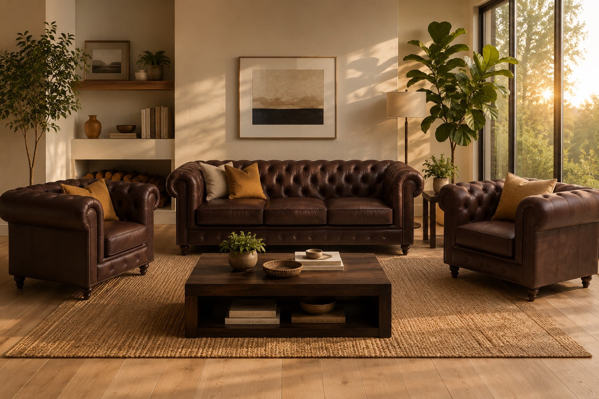 Set Chester (Piel de Café) Sofá 2.20 Mts + 2 Poltronas